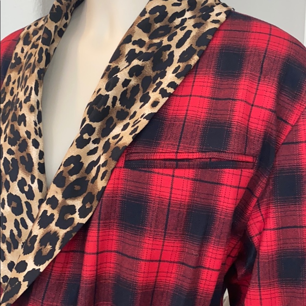 Red and Black buffalo Plaid Cheetah-leopard print jacket with waist tie - Picture 8 of 10